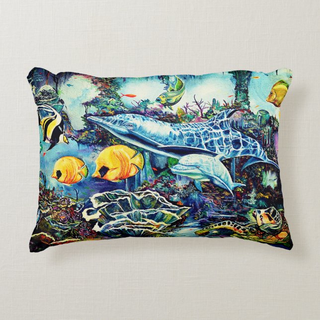 Dolphins and Fish Near Ocean Reef Decorative Cushion (Front)