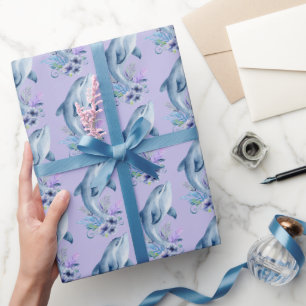 Dolphins and Flowers On Purple Wrapping Paper