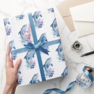 Dolphins and Flowers On White Wrapping Paper