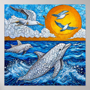 🐬 Dolphins And Seagulls Ocean Mosaic Coastal Poster