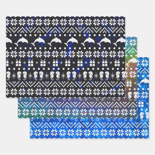 Dolphins and Seahorses Blue Christmas Patterned Wrapping Paper Sheet (Set)
