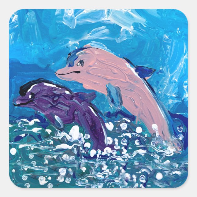 Dolphins "Art by Kids" Square Sticker (Front)