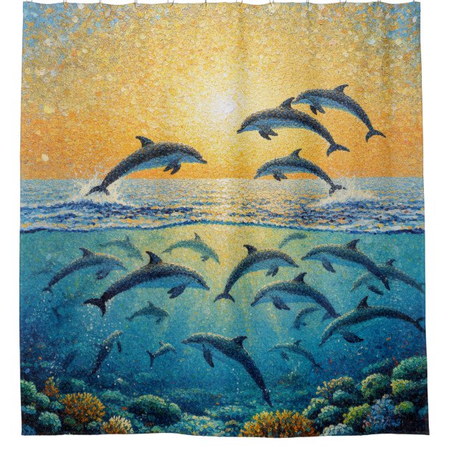 Dolphins At Sunset Shower Curtain (Front)