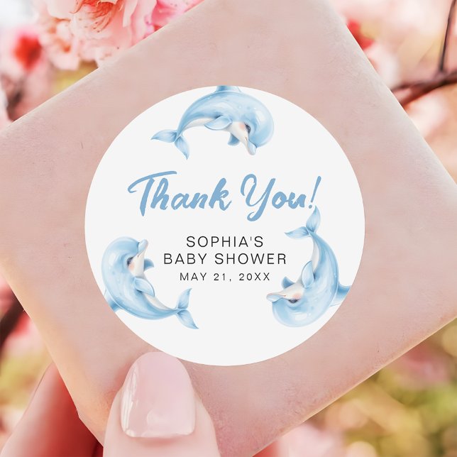 Dolphins Baby Shower Fover Thank You  Classic Round Sticker (Creator Uploaded)