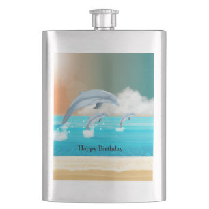 dolphins breaching in the ocean hip flask