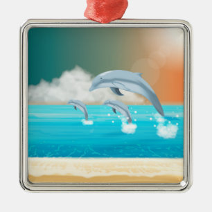 dolphins breaching in the ocean metal tree decoration