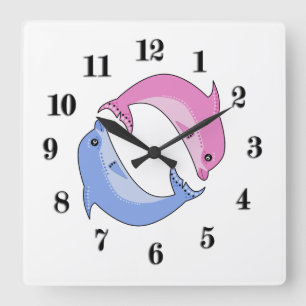 Dolphins cartoon cute kids illustration personaliz square wall clock