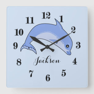 Dolphins cartoon cute kids illustration personaliz square wall clock