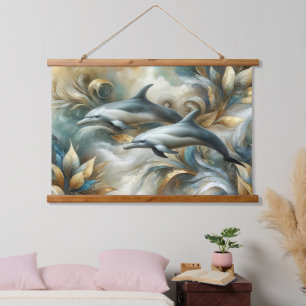 Dolphins Golden Botanical Dreamscape Hanging Tapestry