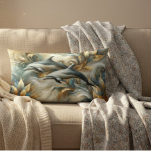 Dolphins Golden Botanical Dreamscape Lumbar Cushion