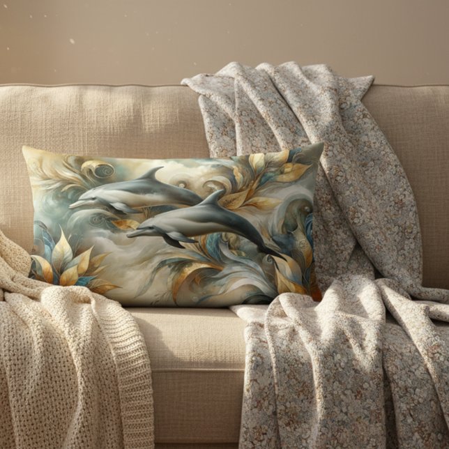 Dolphins Golden Botanical Dreamscape Lumbar Cushion (Creator Uploaded)