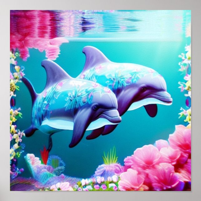 Dolphins In Ocean Life with Flowers      Poster (Front)