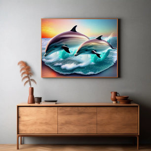 Dolphins in Ocean Sunset 3d Ai Art Poster