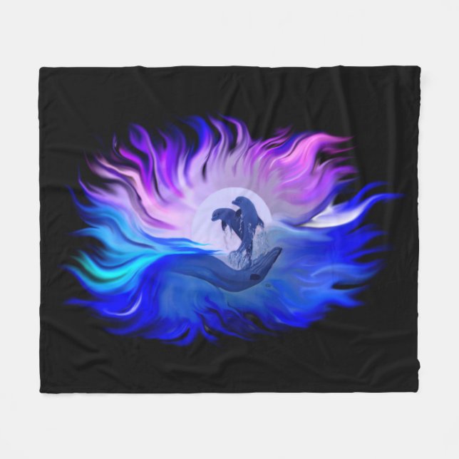 Dolphins in the Moonlight Fleece Blanket (Front (Horizontal))