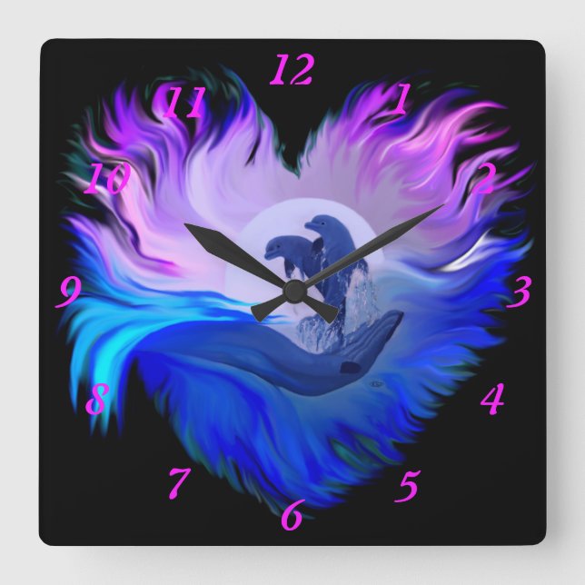 Dolphins in the Moonlight Square Wall Clock (Front)