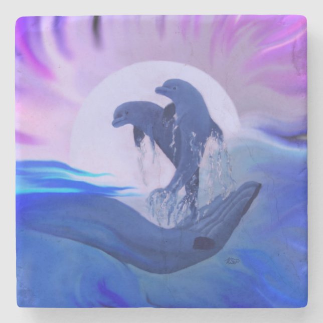 Dolphins in the Moonlight Stone Coaster (Front)