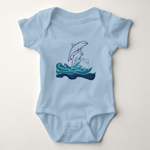 Dolphins in the waves Baby Jersey Bodysuit, White Baby Bodysuit