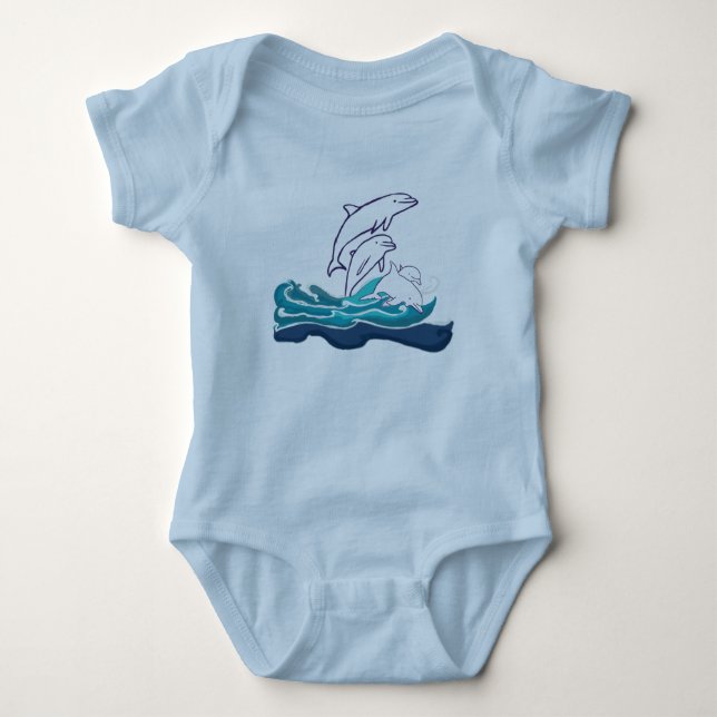 Dolphins in the waves Baby Jersey Bodysuit, White Bodysuit (Front)