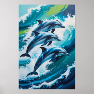 Dolphins Jumping Through Ocean Waves Dynamic Marin Poster