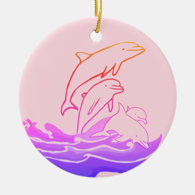 Dolphins jumping waves Circle Ornament (Front)
