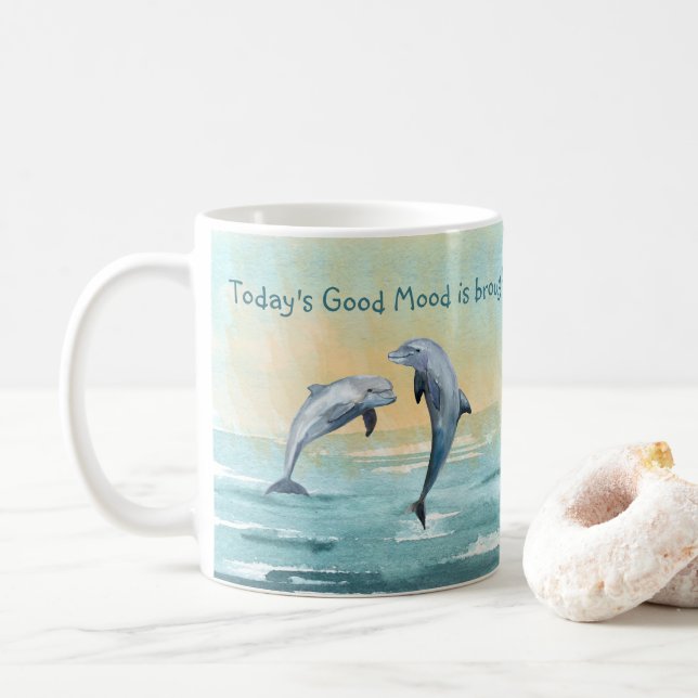 Dolphins Leap Water Watercolor Custom Name Saying Coffee Mug (With Donut)