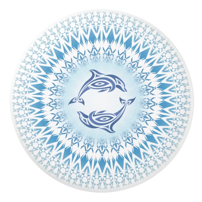 Dolphins Mandala Blue White Nautical Ceramic Knob (Front)