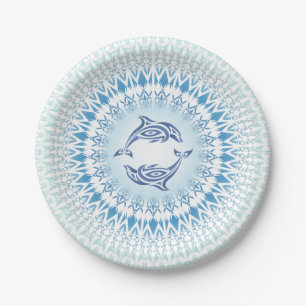 Dolphins Mandala Blue White Paper Plate