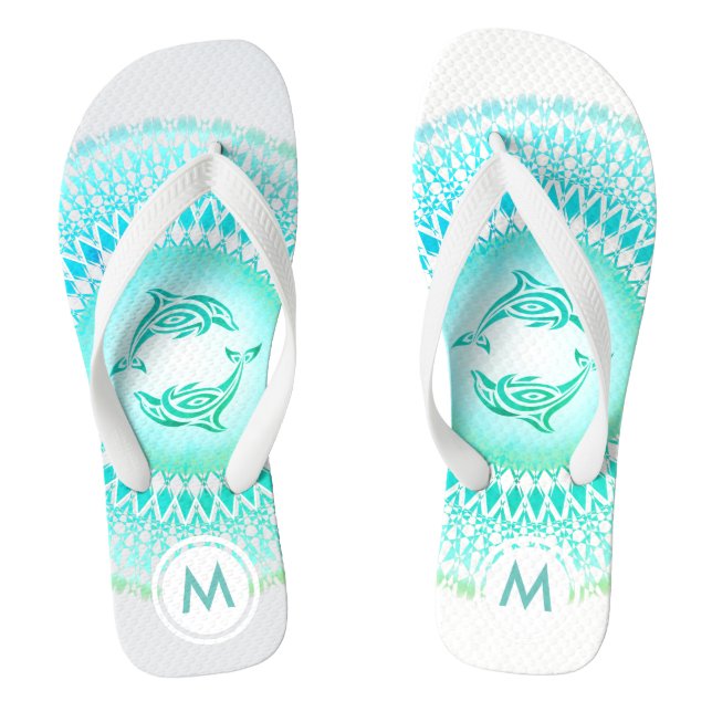 Dolphins Mandala Green White Monogram Jandals (Footbed)