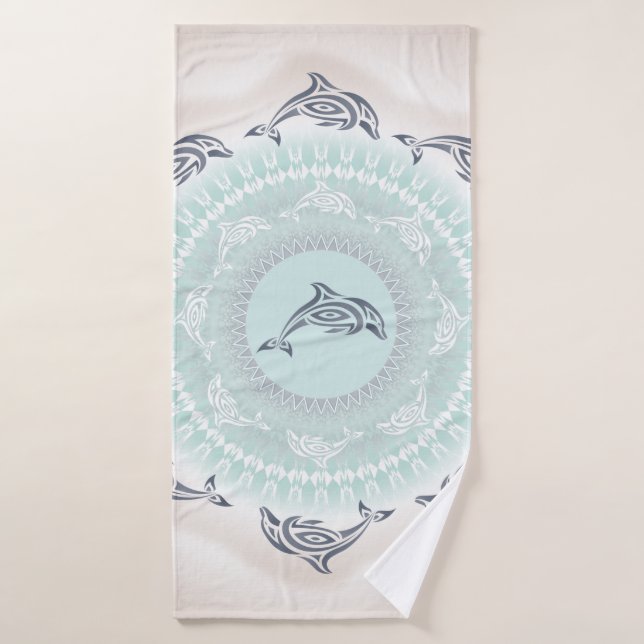 Dolphins Mandala Pale Blue Taupe Bath Towel (Bath Towel)
