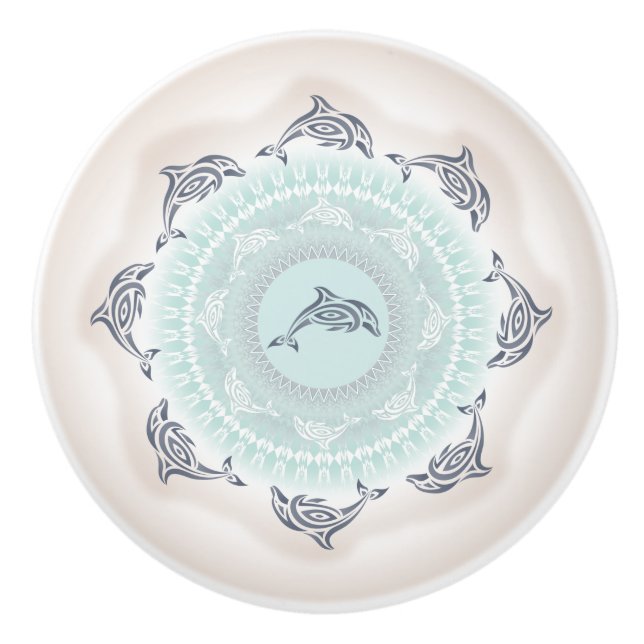 Dolphins Mandala Pale Blue Taupe Ceramic Knob (Front)