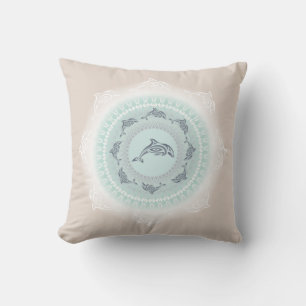 Dolphins Mandala Pale Blue Taupe Coastal Cushion