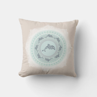 Dolphins Mandala Pale Blue Taupe Coastal Cushion