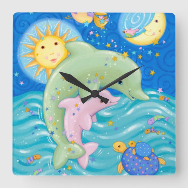 Dolphins Play Square Wall Clock (Front)