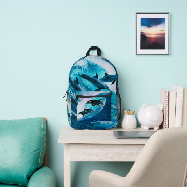 Dolphins riding the waves  printed backpack (Insitu)