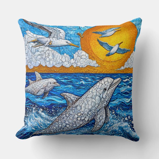 Dolphins Seagulls Ocean Scene 🌊🐬 Coastal Breeze Cushion (Front)