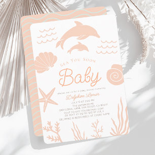 Dolphins & Seashell Sea You Soon Pink Baby Shower Invitation