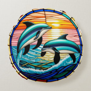 🐬 Dolphins Sunset Ocean Jump Coastal Serenity 🐬 Round Cushion