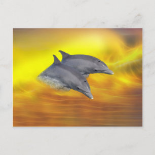 Dolphins surfing the waves postcard