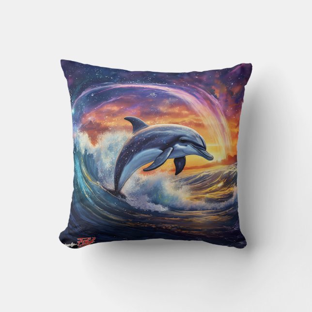 Dolphins Surfs Galaxy Throw Pillow (Front)