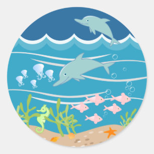 Dolphins swiming under the sea classic round sticker