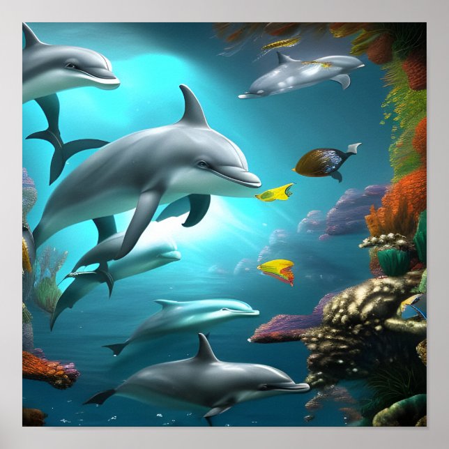 Dolphins Swimming Underwater  Poster (Front)