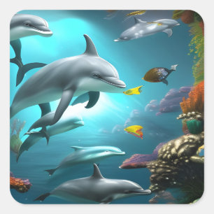 Dolphins Swimming Underwater Square Sticker