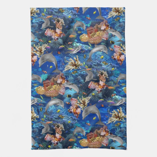 Dolphins Under the Ocean with Coral Reef Tea Towel (Vertical)