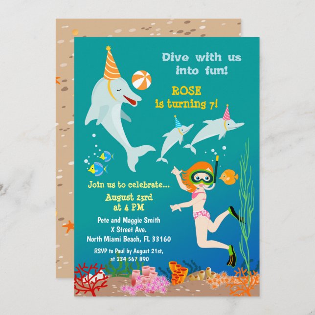 Dolphins under the sea girl birthday party invitation (Front/Back)