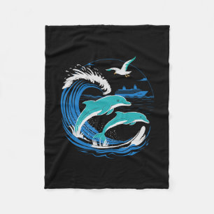 Dolphins With Cruise Ship On The Seas Retro Shirt Fleece Blanket