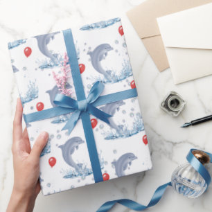 Dolphins With Red Balloon and Bubbles Wrapping Paper