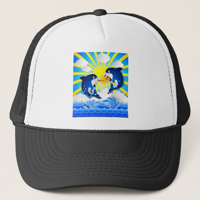 Dolphins with Sun Add Name Text Personalise Trucker Hat (Front)