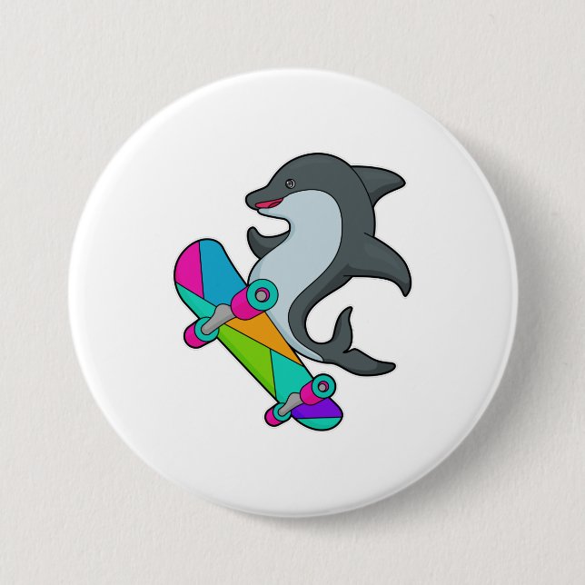 Dolpin as Skater with Skateboard 7.5 Cm Round Badge (Front)