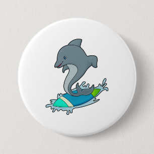 Dolpin as Surfer with Surfboard 7.5 Cm Round Badge
