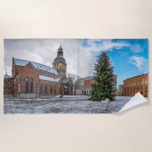 Dome square with Christmas tree in Riga Beach Towel